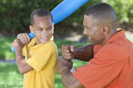 African American Man and Boy Father &amp; Son Playing Baseball